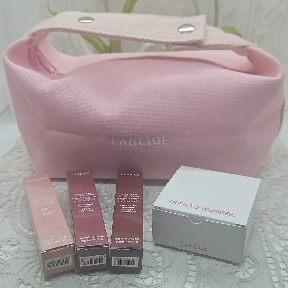 LANEIGE Glaze Craze Tinted Lip Serum X3 With Lip Keychain Cap In Pink Makeup Bag